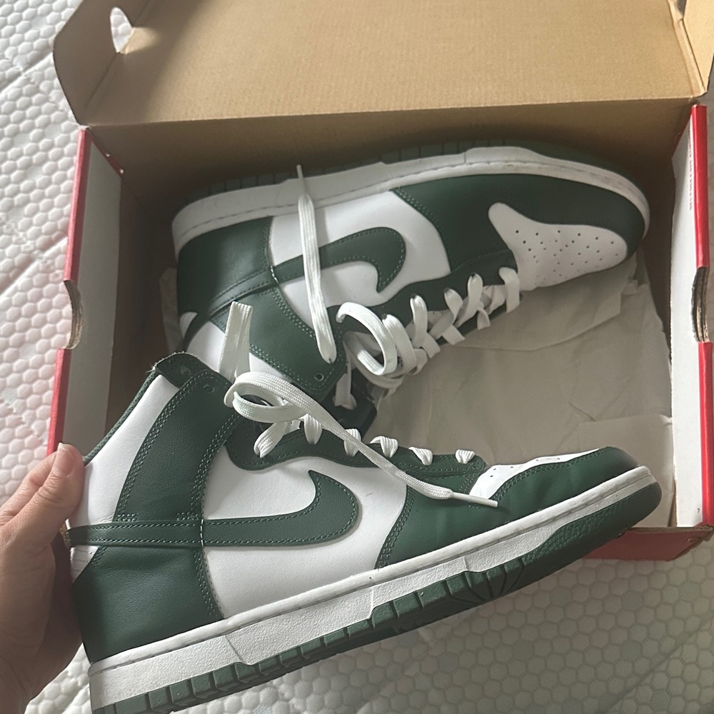 Green and White Nike dunks